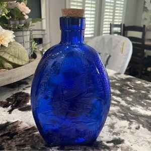 Star Spangled Banner Cobalt Blue Decanter Fort McHenry and American Flag w/Cork
